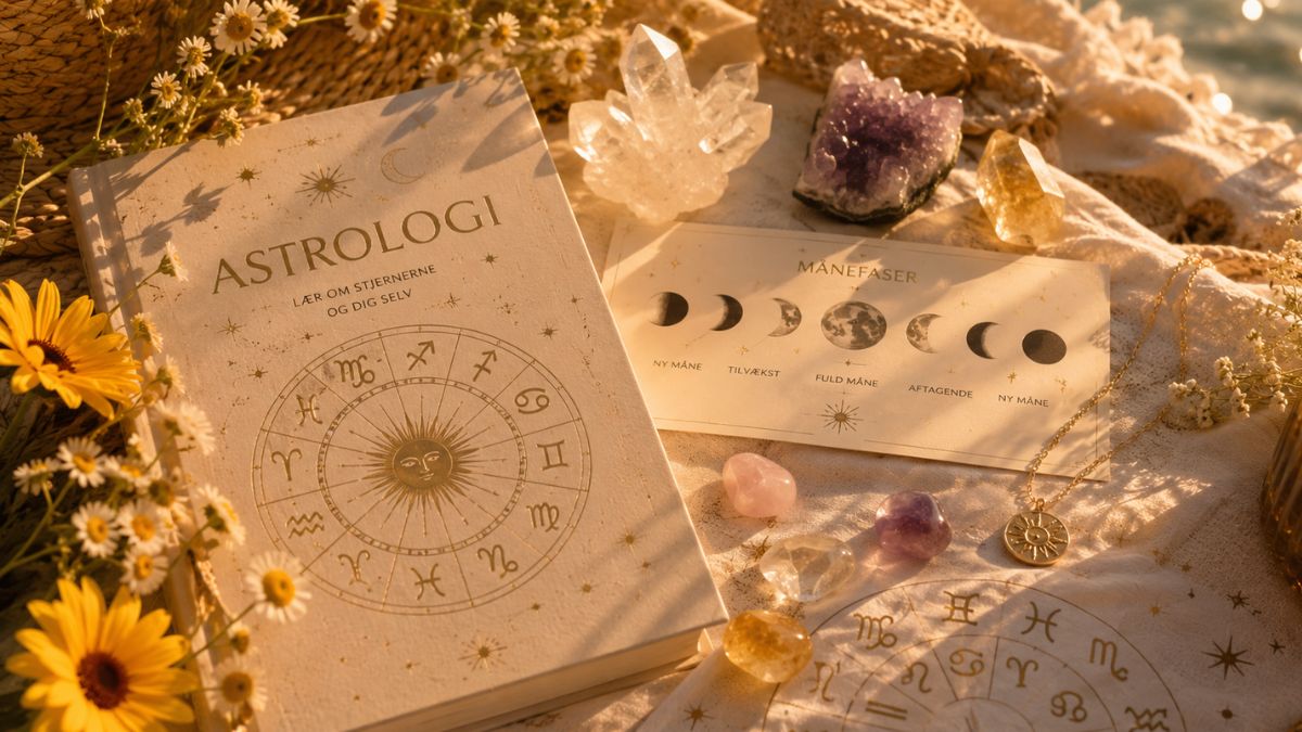 Sommerenergi og stjernetegn Astrologibog med stjernetegn, månefaser og krystaller i gyldent sommerlys